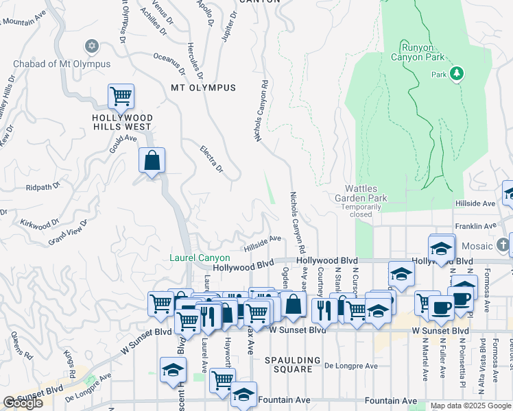 map of restaurants, bars, coffee shops, grocery stores, and more near 7846 West Granito Drive in Los Angeles