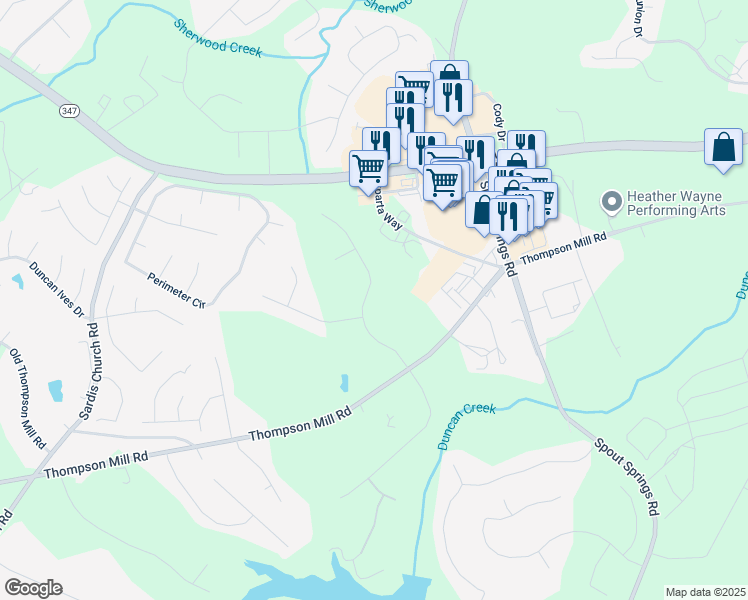 map of restaurants, bars, coffee shops, grocery stores, and more near 2656 White Rock Drive in Buford