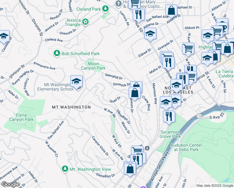 map of restaurants, bars, coffee shops, grocery stores, and more near 576 Milton Court in Los Angeles