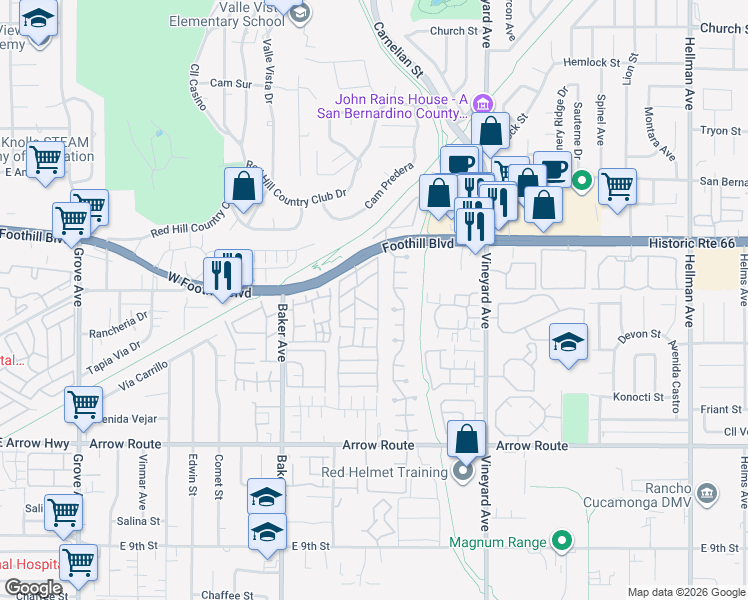 map of restaurants, bars, coffee shops, grocery stores, and more near 8715 Timberwood Court in Rancho Cucamonga