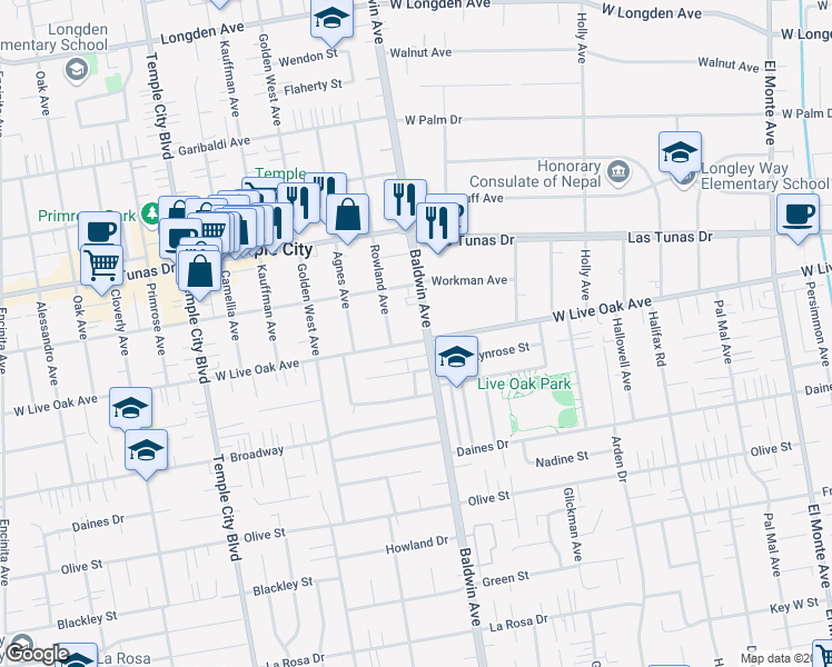 map of restaurants, bars, coffee shops, grocery stores, and more near 10291/2 South Baldwin Avenue in Arcadia
