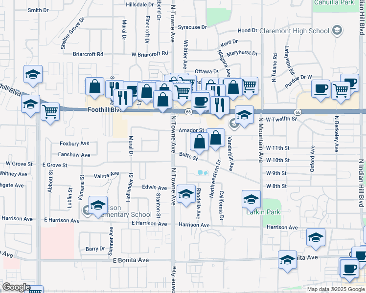 map of restaurants, bars, coffee shops, grocery stores, and more near 3321 Duke Avenue in Claremont