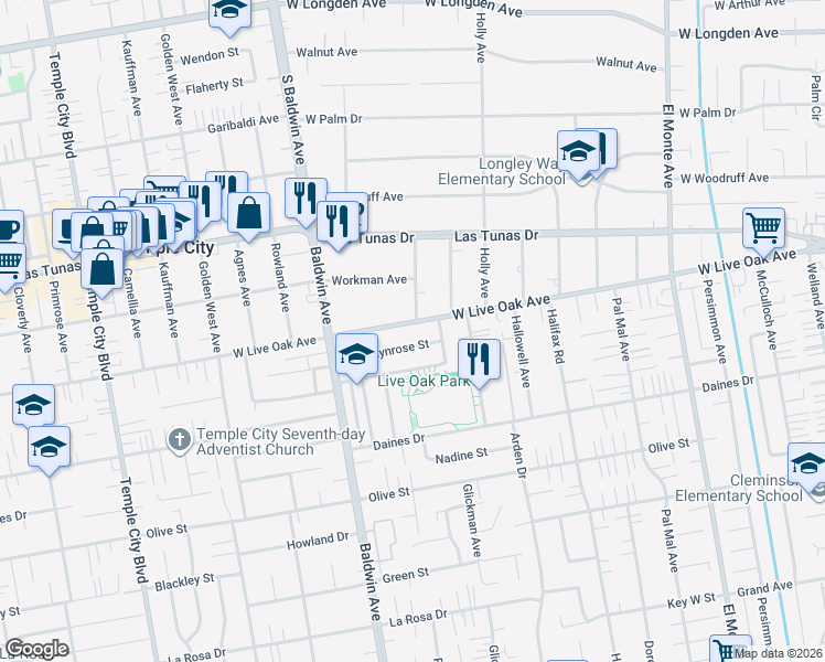 map of restaurants, bars, coffee shops, grocery stores, and more near 10124 Lynrose Street in Temple City