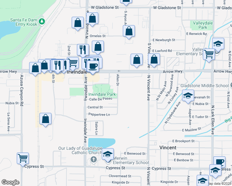 map of restaurants, bars, coffee shops, grocery stores, and more near 5059 Allen Drive in Irwindale