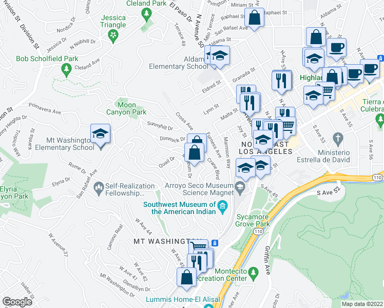 map of restaurants, bars, coffee shops, grocery stores, and more near 475 Rustic Drive in Los Angeles