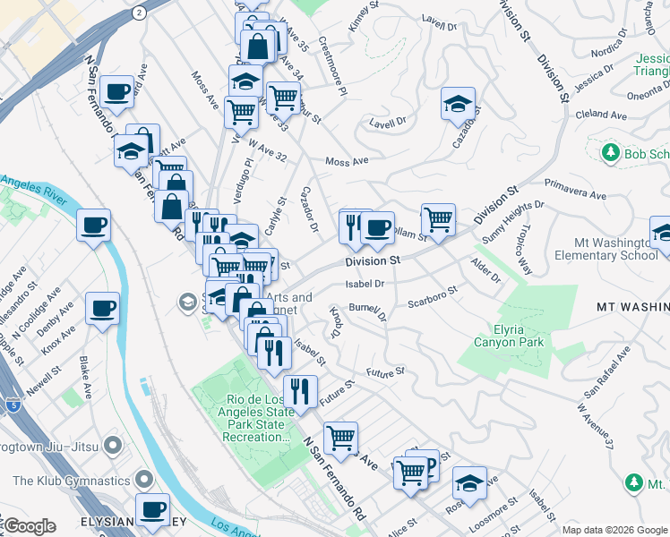 map of restaurants, bars, coffee shops, grocery stores, and more near 3217 Isabel Drive in Los Angeles