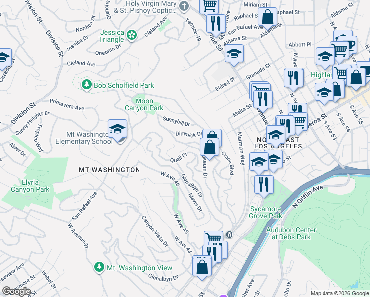 map of restaurants, bars, coffee shops, grocery stores, and more near 572 Milton Court in Los Angeles