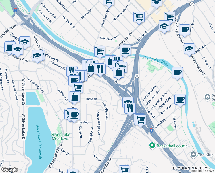 map of restaurants, bars, coffee shops, grocery stores, and more near 2354 Riverside Drive in Los Angeles