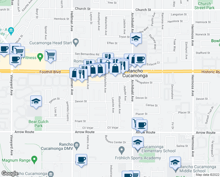 map of restaurants, bars, coffee shops, grocery stores, and more near 8214 Leucite Avenue in Rancho Cucamonga