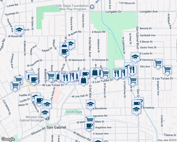 map of restaurants, bars, coffee shops, grocery stores, and more near 124 North Del Mar Avenue in San Gabriel