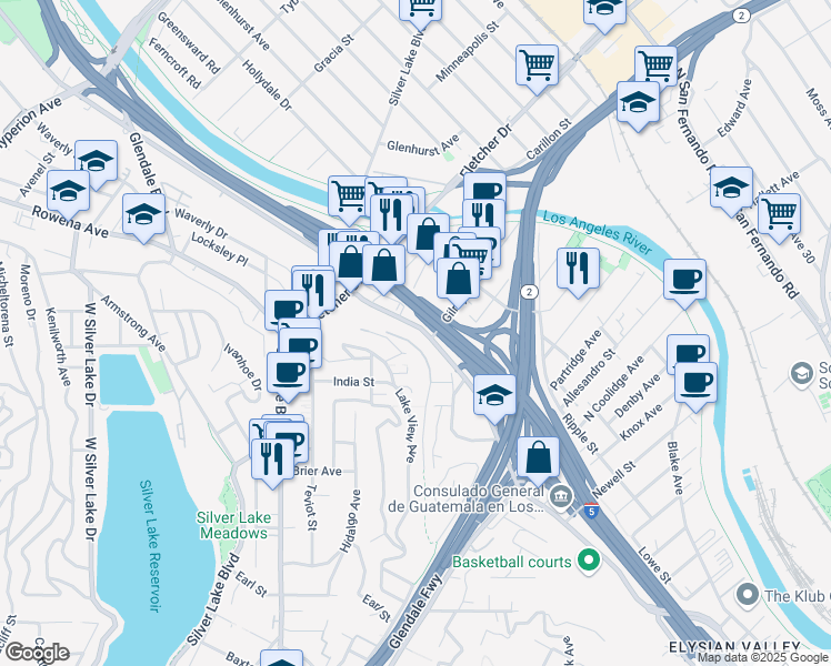 map of restaurants, bars, coffee shops, grocery stores, and more near 2354 Riverside Drive in Los Angeles