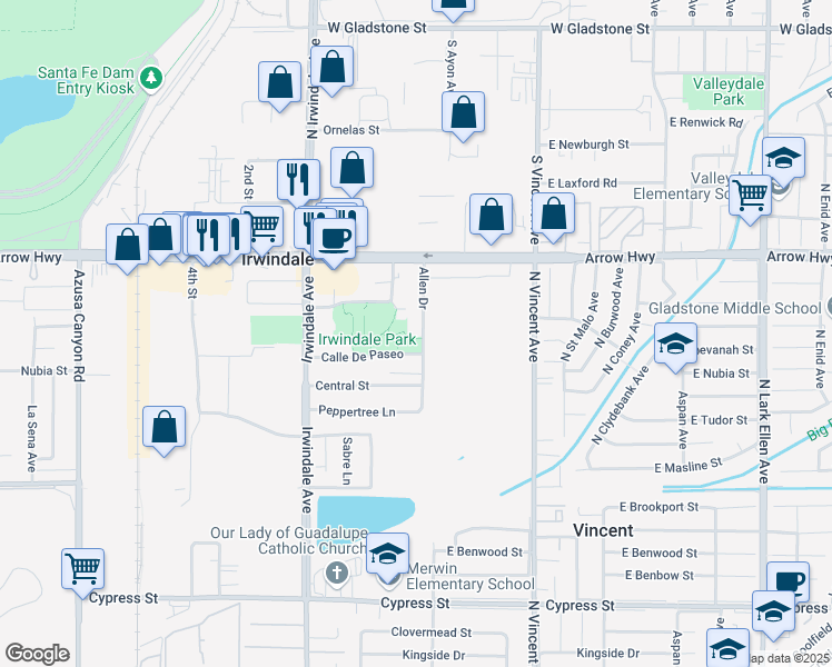 map of restaurants, bars, coffee shops, grocery stores, and more near 5059 Allen Drive in Irwindale