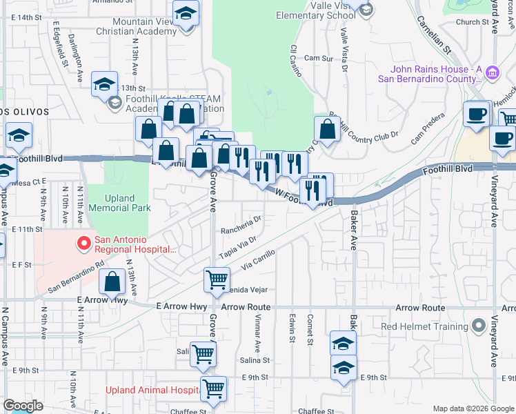 map of restaurants, bars, coffee shops, grocery stores, and more near 8279 Tapia Via Drive in Rancho Cucamonga