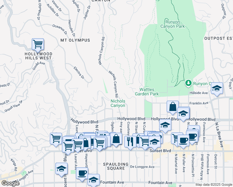 map of restaurants, bars, coffee shops, grocery stores, and more near Nichols Canyon Rd & Courtney Ave in Los Angeles