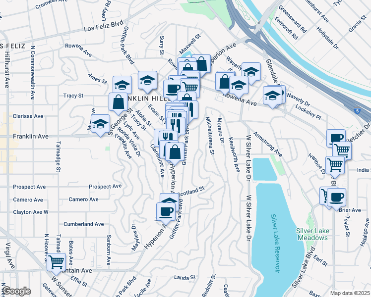 map of restaurants, bars, coffee shops, grocery stores, and more near 2511 Griffith Park Boulevard in Los Angeles