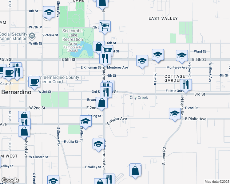 map of restaurants, bars, coffee shops, grocery stores, and more near 379 East 3rd Street in San Bernardino