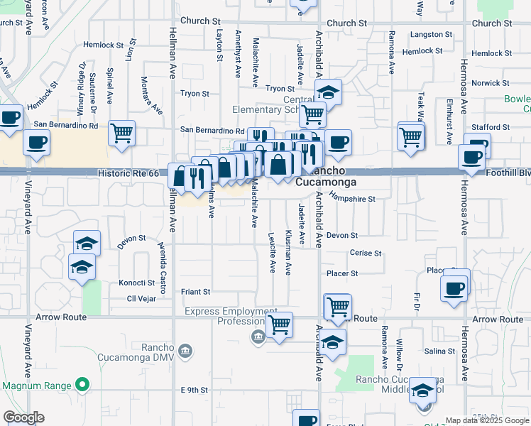 map of restaurants, bars, coffee shops, grocery stores, and more near 8214 Leucite Avenue in Rancho Cucamonga