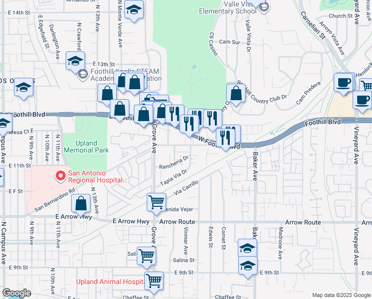 map of restaurants, bars, coffee shops, grocery stores, and more near 8267 San Bernardino Road in Rancho Cucamonga