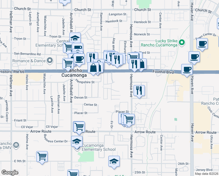 map of restaurants, bars, coffee shops, grocery stores, and more near 9999 Foothill Boulevard South in Rancho Cucamonga