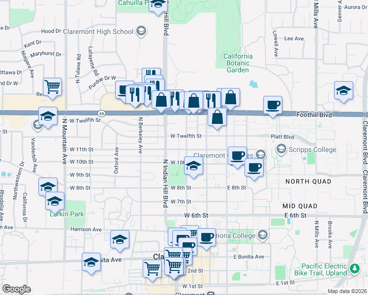 map of restaurants, bars, coffee shops, grocery stores, and more near 1103 North Yale Avenue in Claremont