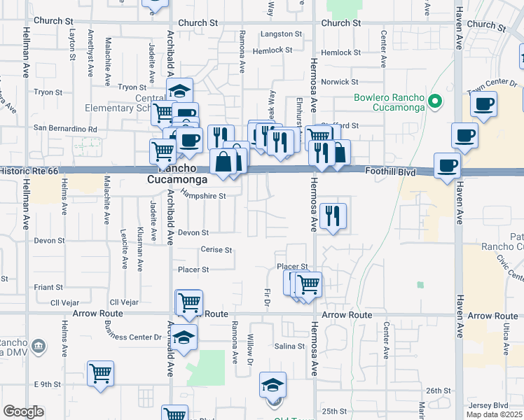 map of restaurants, bars, coffee shops, grocery stores, and more near 9999 Foothill Boulevard in Rancho Cucamonga