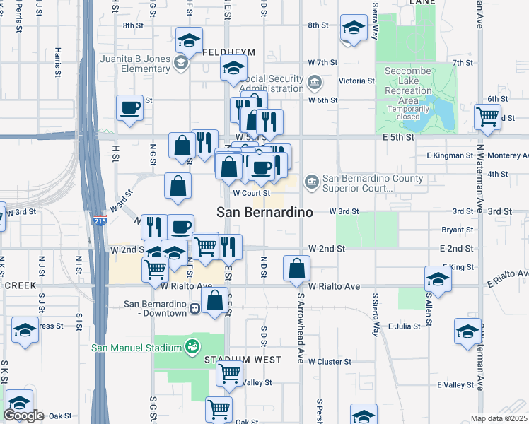 map of restaurants, bars, coffee shops, grocery stores, and more near 229 East 25th Street in San Bernardino