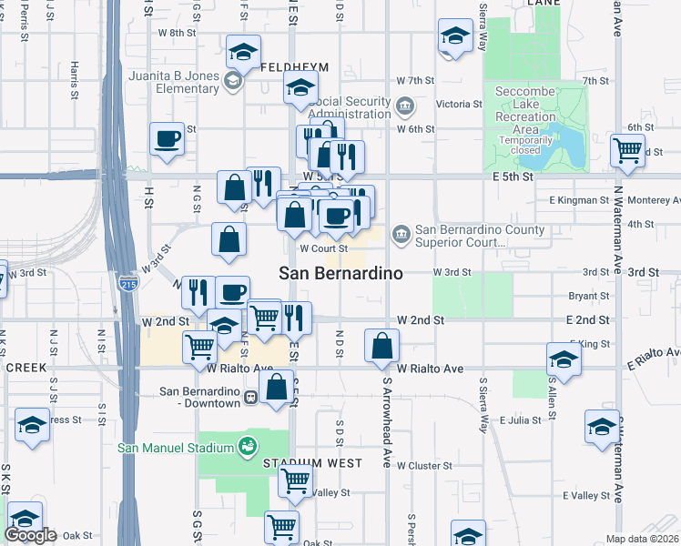 map of restaurants, bars, coffee shops, grocery stores, and more near in San Bernardino