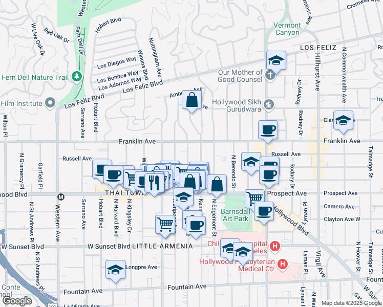 map of restaurants, bars, coffee shops, grocery stores, and more near 1834 Alexandria Avenue in Los Angeles