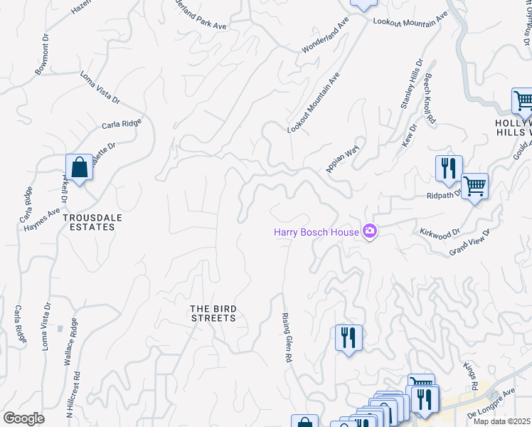 map of restaurants, bars, coffee shops, grocery stores, and more near 1889 Rising Glen Road in Los Angeles