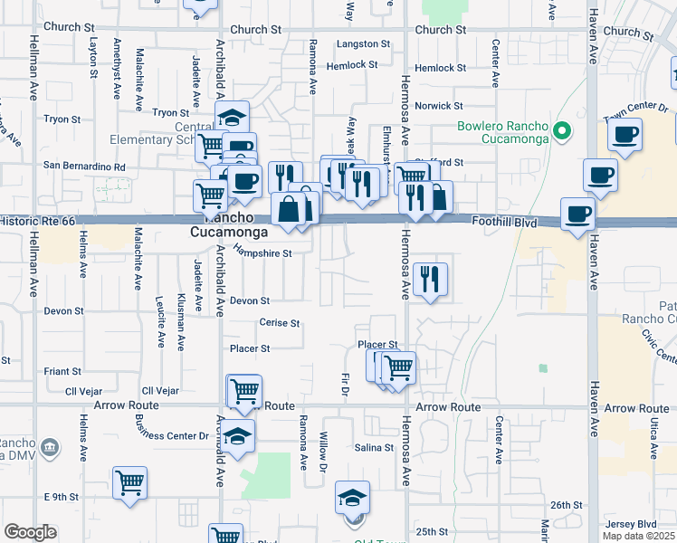 map of restaurants, bars, coffee shops, grocery stores, and more near 9999 Foothill Boulevard South in Rancho Cucamonga