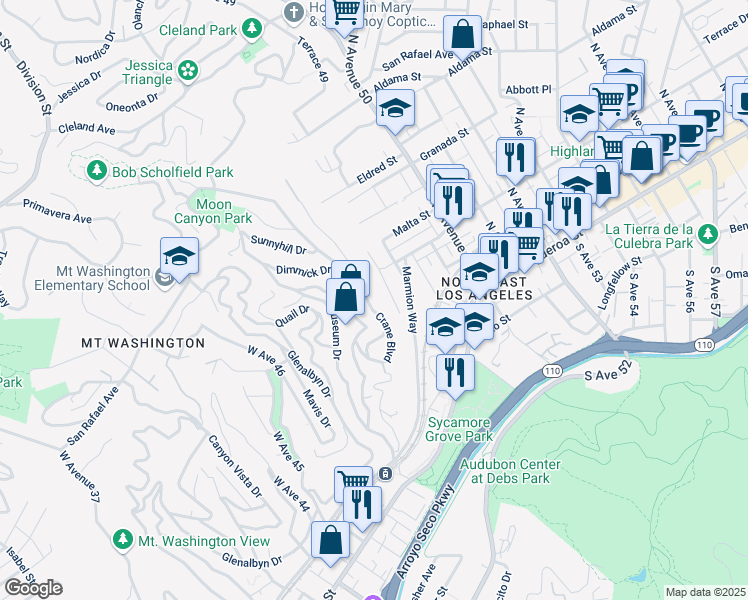 map of restaurants, bars, coffee shops, grocery stores, and more near 442 Rustic Drive in Los Angeles