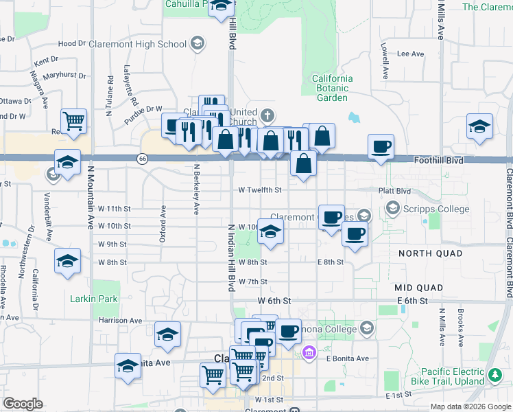 map of restaurants, bars, coffee shops, grocery stores, and more near 1103 North Yale Avenue in Claremont