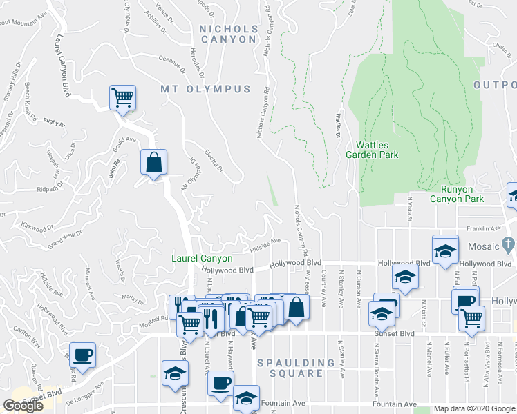 map of restaurants, bars, coffee shops, grocery stores, and more near 7846 West Granito Drive in Los Angeles