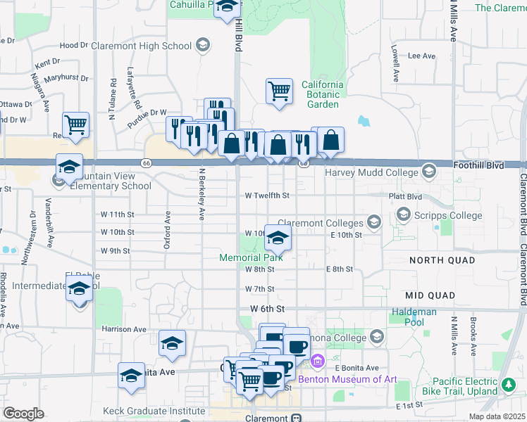 map of restaurants, bars, coffee shops, grocery stores, and more near 1017 North Yale Avenue in Claremont