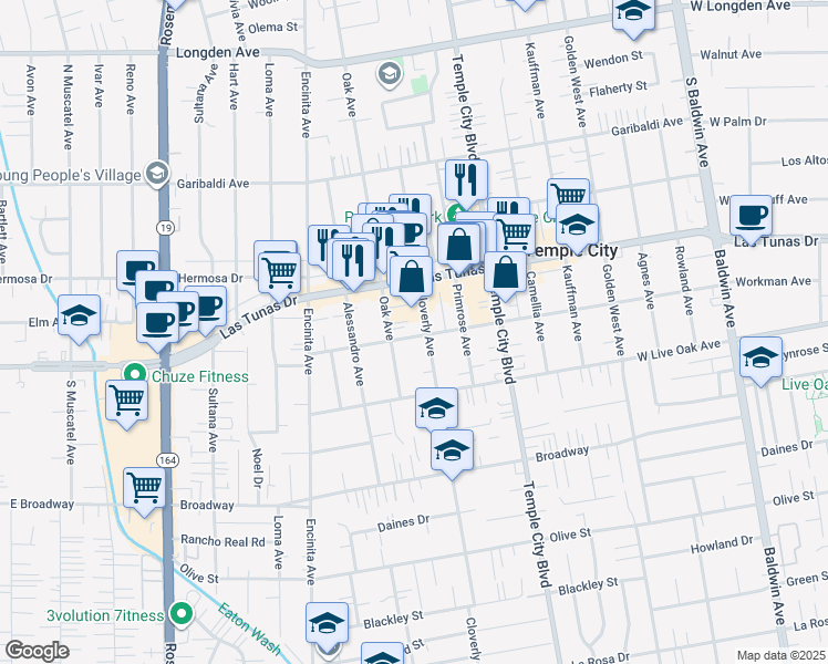 map of restaurants, bars, coffee shops, grocery stores, and more near 9463 Workman Avenue in Temple City