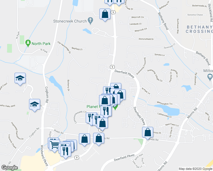 map of restaurants, bars, coffee shops, grocery stores, and more near 13257 Marrywood Court in Alpharetta