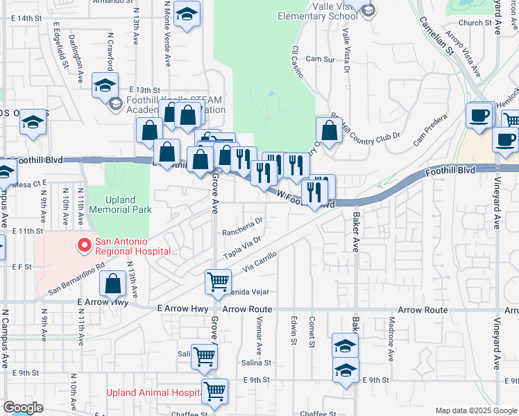 map of restaurants, bars, coffee shops, grocery stores, and more near 8267 San Bernardino Road in Rancho Cucamonga