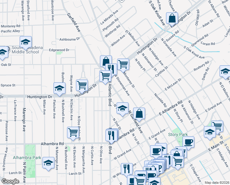 map of restaurants, bars, coffee shops, grocery stores, and more near 1 West Pine Street in Alhambra