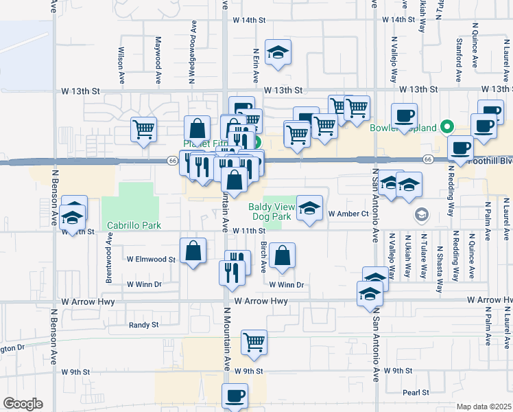 map of restaurants, bars, coffee shops, grocery stores, and more near 820 North Mountain Avenue in Upland