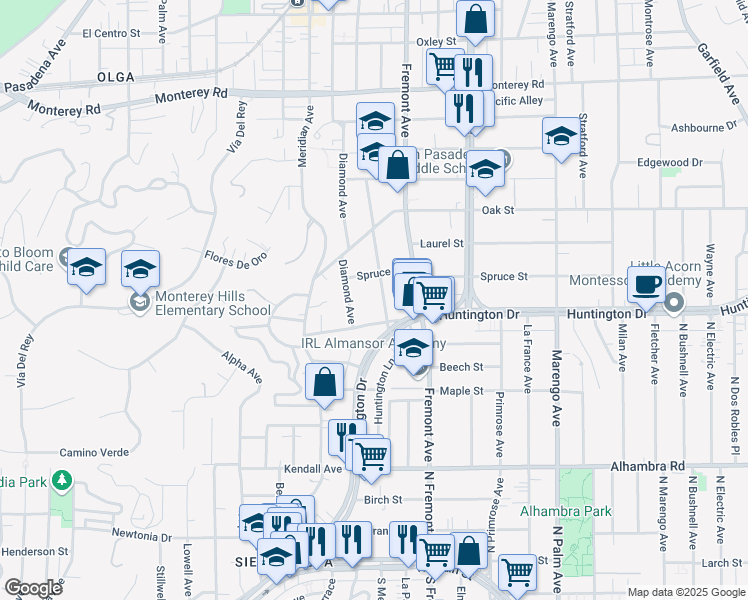 map of restaurants, bars, coffee shops, grocery stores, and more near 1829 Ramona Avenue in South Pasadena