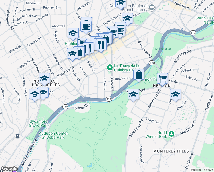 map of restaurants, bars, coffee shops, grocery stores, and more near 331 South Avenue 56 in Los Angeles