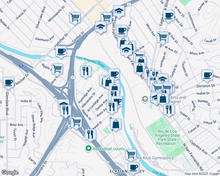 map of restaurants, bars, coffee shops, grocery stores, and more near North Coolidge Avenue in Los Angeles