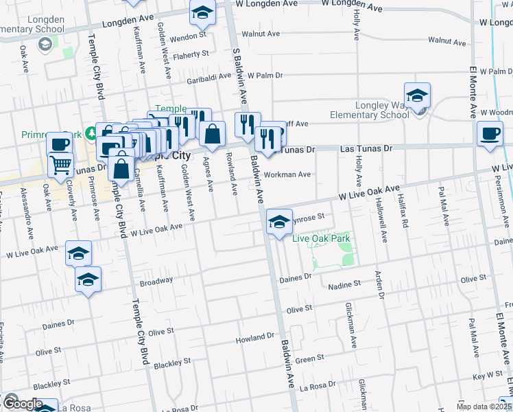 map of restaurants, bars, coffee shops, grocery stores, and more near 10291/2 South Baldwin Avenue in Arcadia