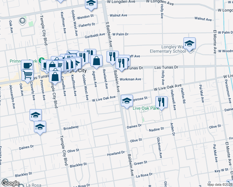map of restaurants, bars, coffee shops, grocery stores, and more near 5707 Baldwin Avenue in Temple City