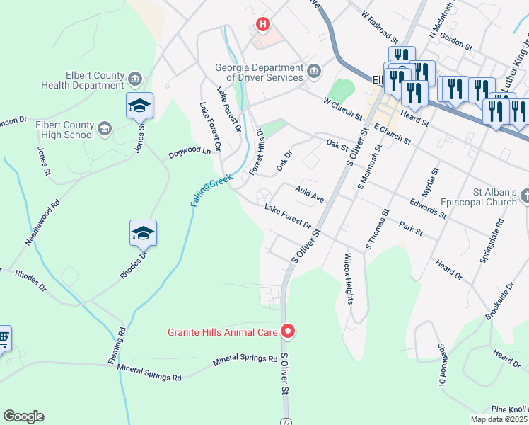map of restaurants, bars, coffee shops, grocery stores, and more near 61 Arnold Street in Elberton