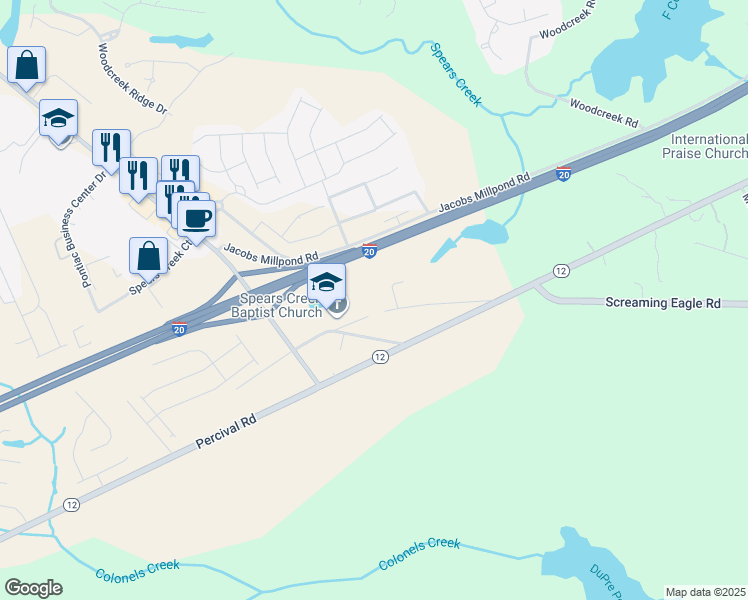 map of restaurants, bars, coffee shops, grocery stores, and more near 122 Spears Creek Church Lane in Elgin