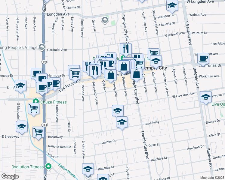 map of restaurants, bars, coffee shops, grocery stores, and more near 9463 Workman Avenue in Temple City