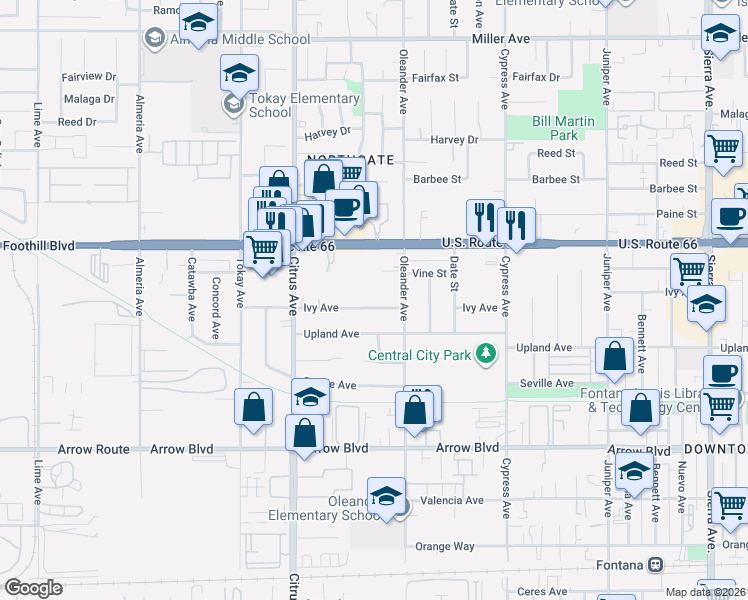 map of restaurants, bars, coffee shops, grocery stores, and more near 16269 Ivy Avenue in Fontana