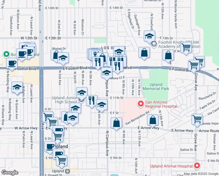 map of restaurants, bars, coffee shops, grocery stores, and more near 818 North Campus Avenue in Upland