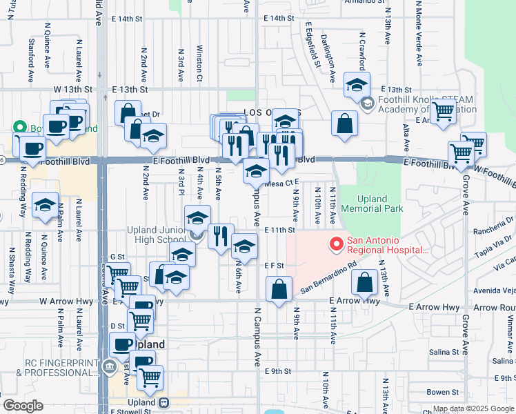 map of restaurants, bars, coffee shops, grocery stores, and more near 839 North Campus Avenue in Upland